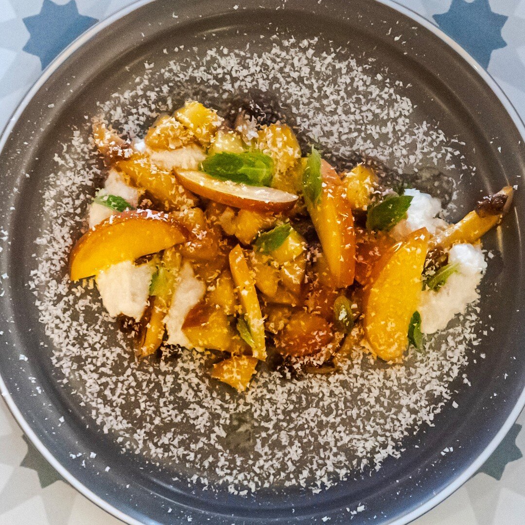 Peaches and Cream at a Tex-Mex establishment? YES. We are in the South, afterall! Ours features Mezcal macerated peaches, honey bruleed peaches, raw peaches, peach vinegar, savory cream, brioche crunchies, mint, and basil. You DEFINITELY want to save
